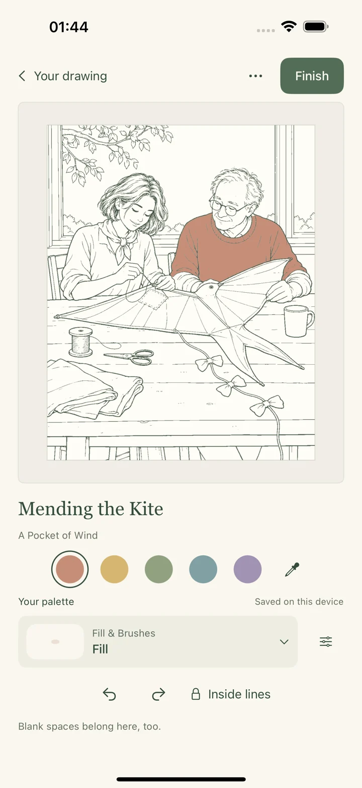 The actual SlowGarden iPhone coloring screen with a story drawing and coloring tools