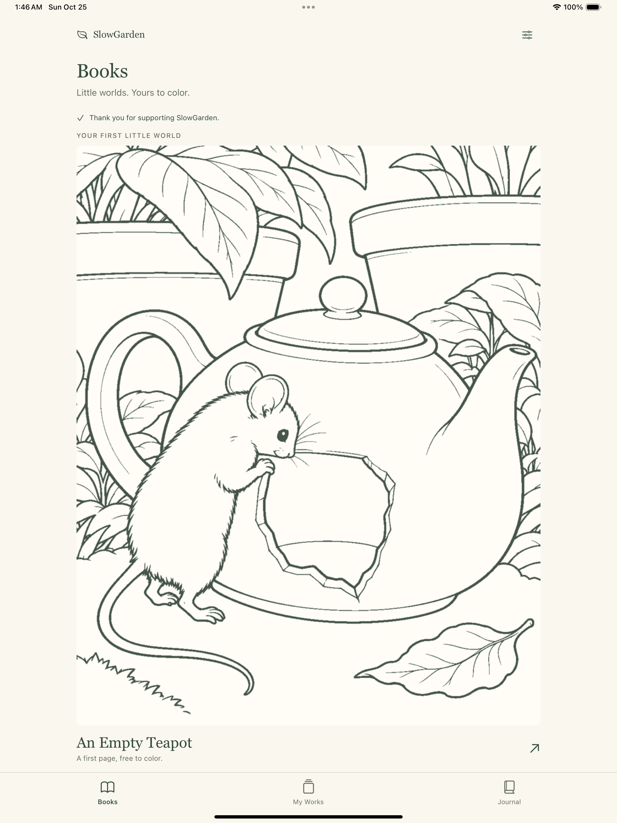 Tela Livros do SlowGarden no iPad com um desenho da história de um bule