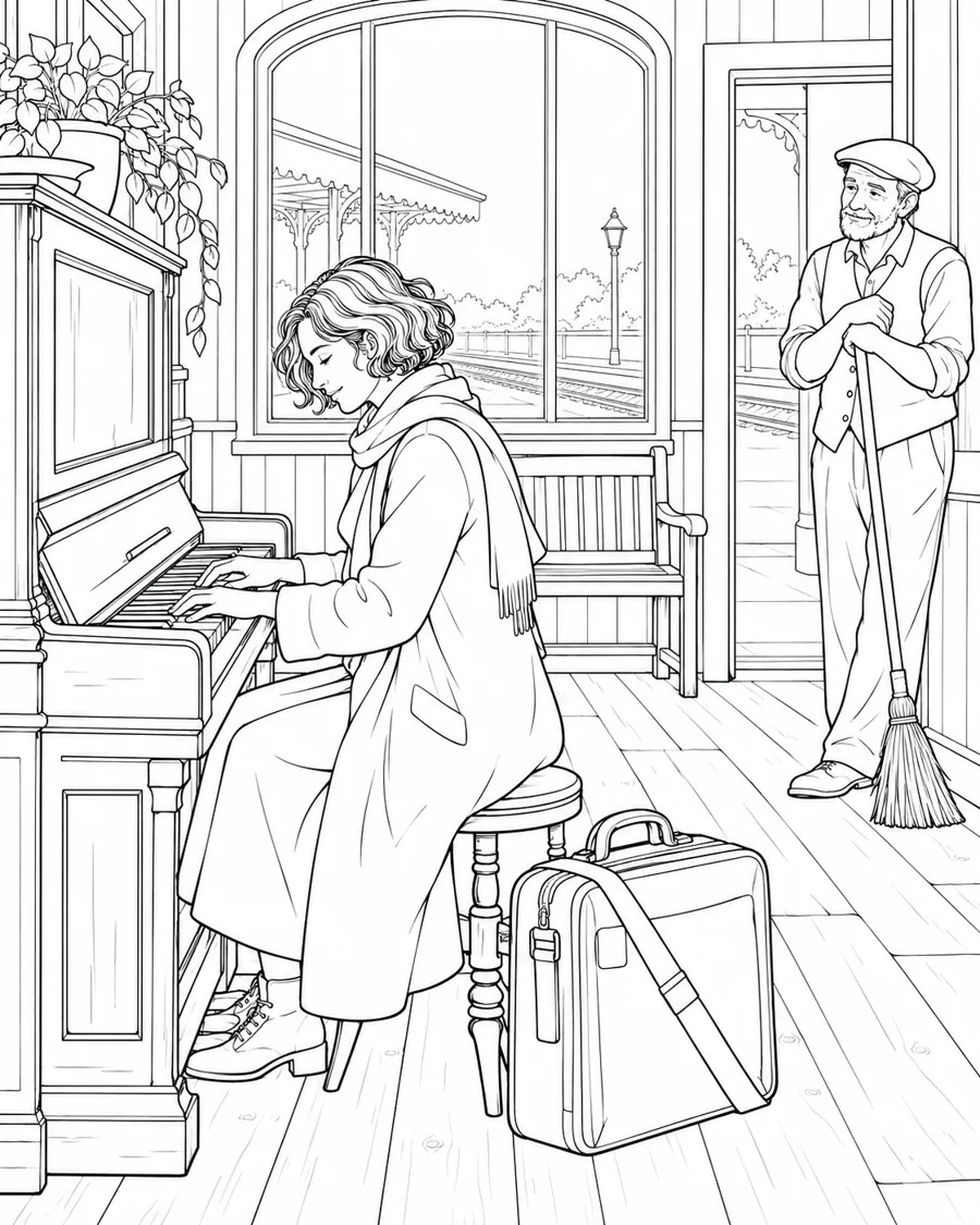 A traveler plays while someone pauses to listen.