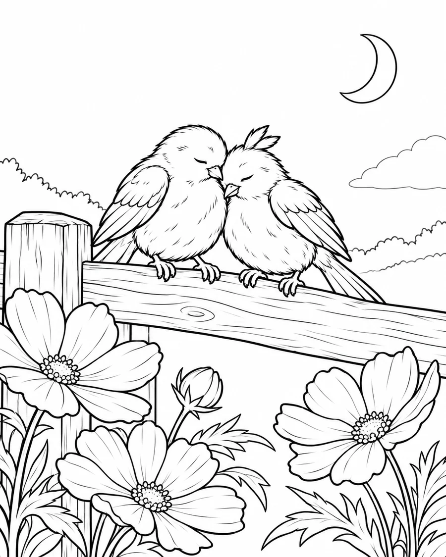 Two familiar birds settle among the flowers.